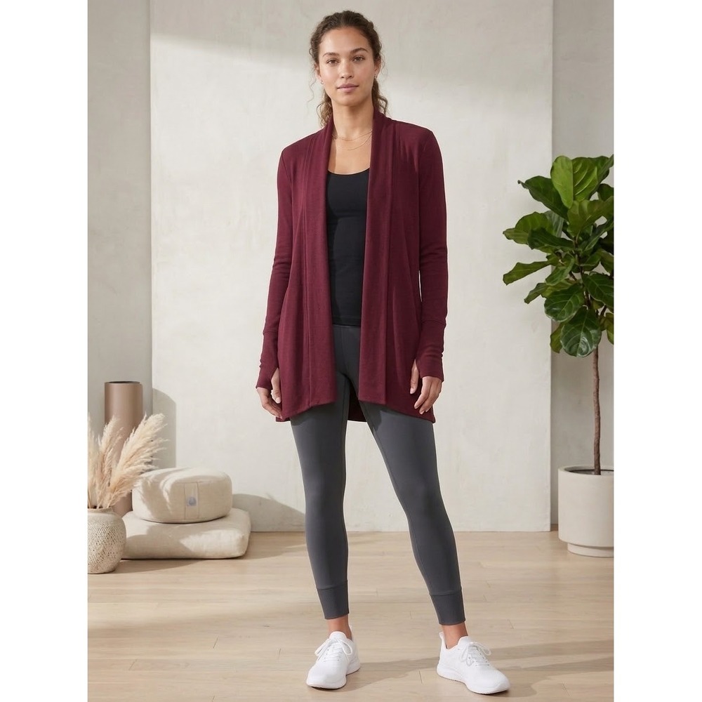Athleta Pranayama Wrap Cardigan Burgundy Open Front Thumbholes XS S/777944-24